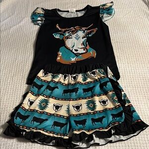 Girls Black/Teal Cow Print Outfit - Size 5/6